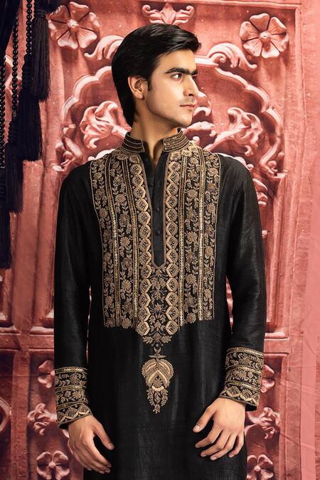 Mayyur Girotra Couture_Black Silk, Cotton Sequins Embroidered Kurta And Pant Set _Online_at_Aza_Fashions