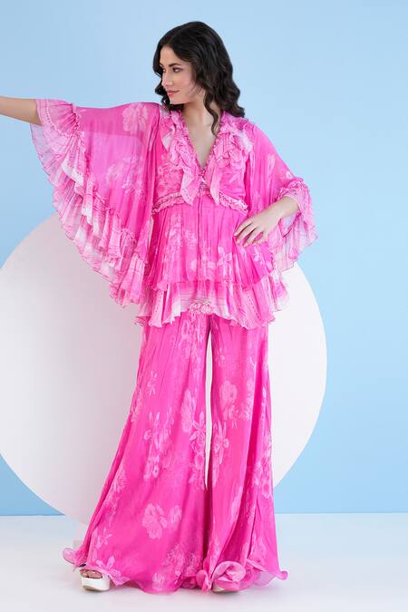 Buy Mandira Wirk Resort Pink Chiffon Ruffles V-neck Floral Print Top With Pant Online at Aza Fashions Buy_Mandira Wirk Resort_Pink Chiffon Ruffles V-neck Floral Print Top With Pant _Online_at_Aza_Fashions