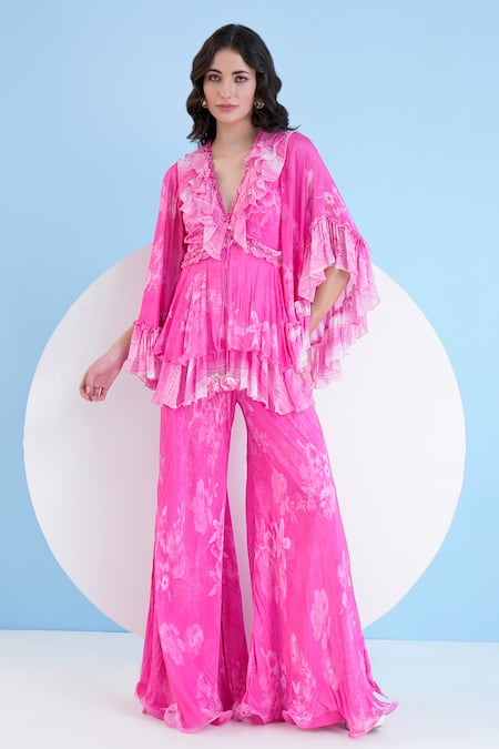Shop Mandira Wirk Resort Pink Chiffon Ruffles V-neck Floral Print Top With Pant Online at Aza Fashions Shop_Mandira Wirk Resort_Pink Chiffon Ruffles V-neck Floral Print Top With Pant _Online_at_Aza_Fashions