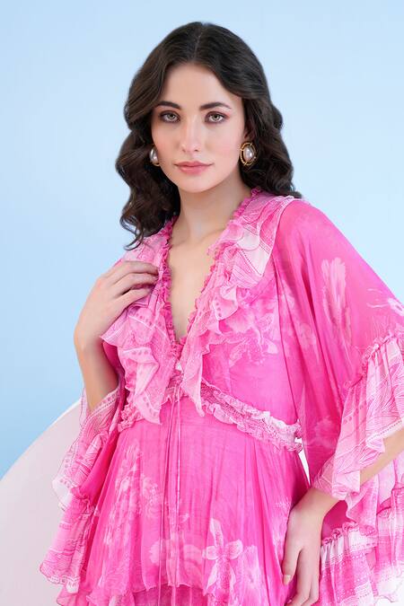 Mandira Wirk Resort Pink Chiffon Ruffles V-neck Floral Print Top With Pant at Aza Fashions Mandira Wirk Resort_Pink Chiffon Ruffles V-neck Floral Print Top With Pant _at_Aza_Fashions