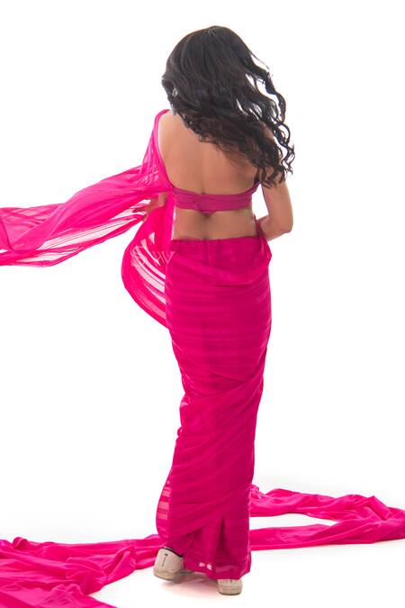 Shop Sacred Weaves Pink Satin, Georgette, Silk Tassels Handloom Stripe Pattern Saree at Aza Fashions Shop_Sacred Weaves_Pink Satin, Georgette, Silk Tassels Handloom Stripe Pattern Saree_at_Aza_Fashions