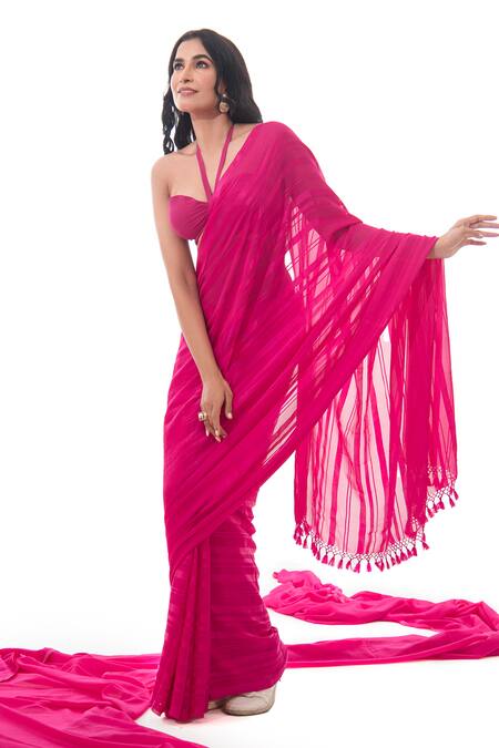 Sacred Weaves Pink Satin, Georgette, Silk Tassels Handloom Stripe Pattern Saree Online at Aza Fashions Sacred Weaves_Pink Satin, Georgette, Silk Tassels Handloom Stripe Pattern Saree_Online_at_Aza_Fashions