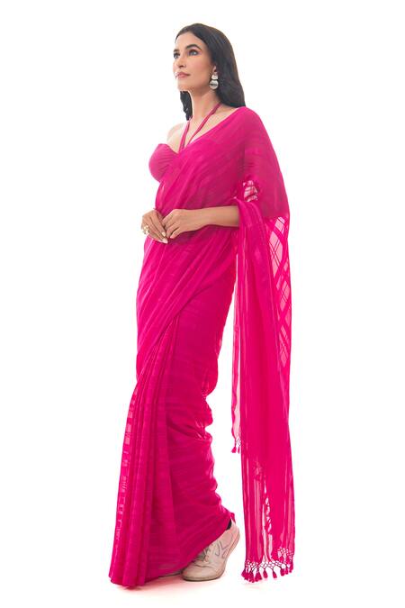 Buy Sacred Weaves Pink Satin, Georgette, Silk Tassels Handloom Stripe Pattern Saree Online at Aza Fashions Buy_Sacred Weaves_Pink Satin, Georgette, Silk Tassels Handloom Stripe Pattern Saree_Online_at_Aza_Fashions