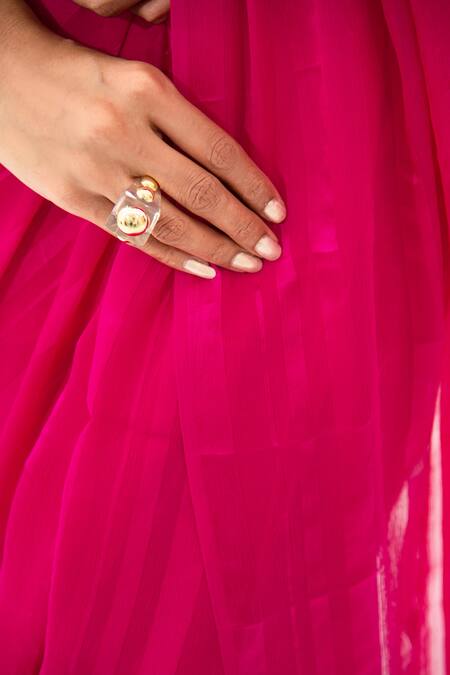 Sacred Weaves Pink Satin, Georgette, Silk Tassels Handloom Stripe Pattern Saree at Aza Fashions Sacred Weaves_Pink Satin, Georgette, Silk Tassels Handloom Stripe Pattern Saree_at_Aza_Fashions