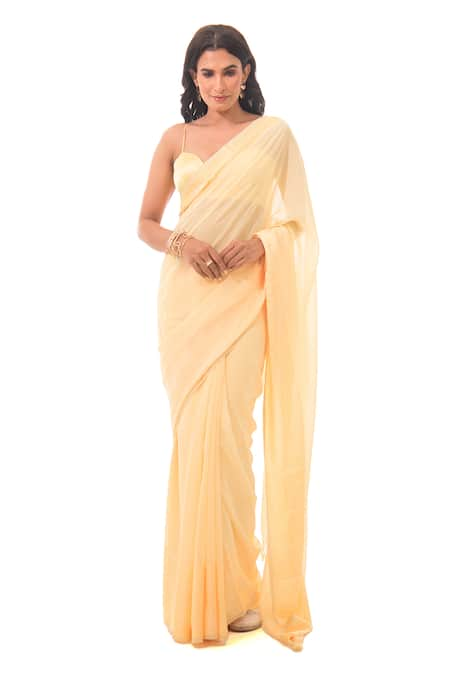 Sacred Weaves Yellow Pure Georgette Paisley Border Handloom Saree