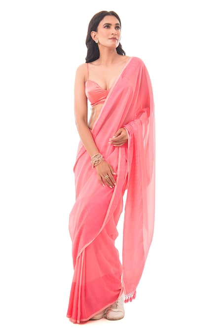 Sacred Weaves Pink Satin Georgette Silk Paisley Pattern Handloom Saree