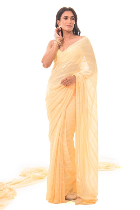 Sacred Weaves Yellow Pure Georgette Stripe Detail Handloom Saree