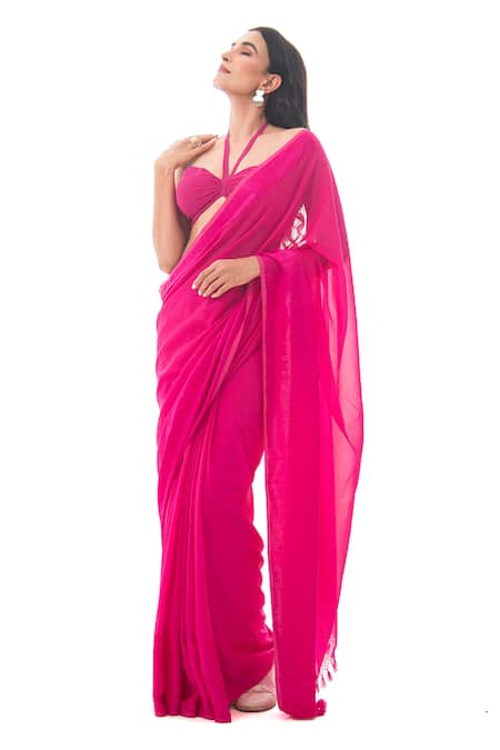 Sacred Weaves Pink Satin Georgette Silk Paisley Detail Handloom Saree