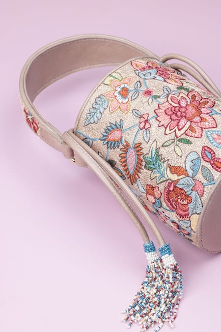 The Leather Garden_Multi Color Floral Statice Embroidered Bucket Bag _Online_at_Aza_Fashions