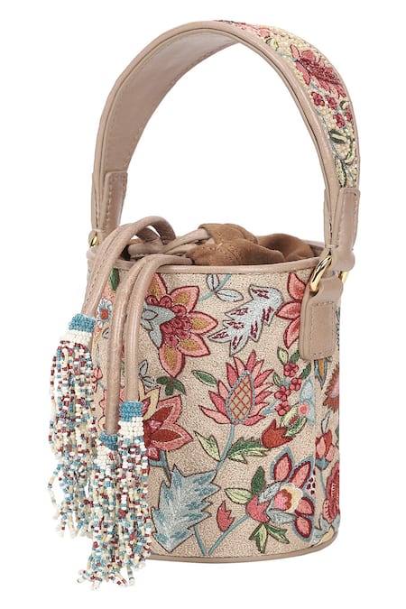 Buy_The Leather Garden_Multi Color Floral Statice Embroidered Bucket Bag _Online_at_Aza_Fashions