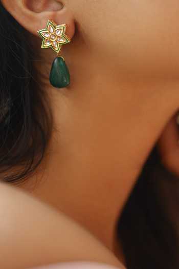 Do Taara_Green Stones Kundan Floral Drop Earrings _Online_at_Aza_Fashions