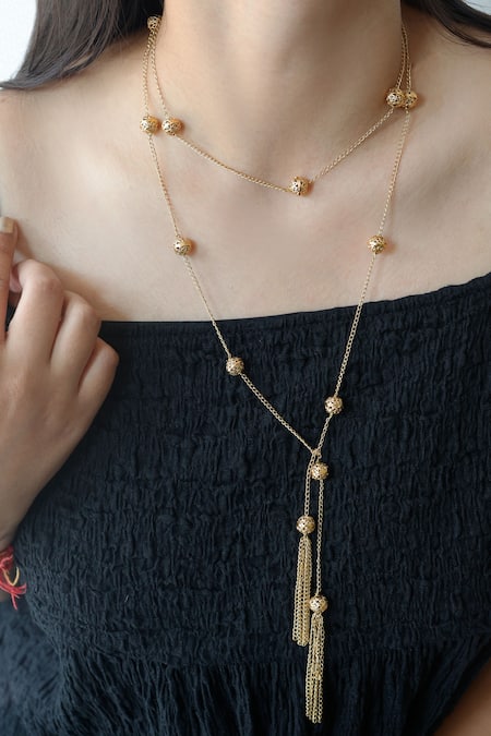 Do Taara Gold Plated Carved Engraved Ball Tasseled Necklace 