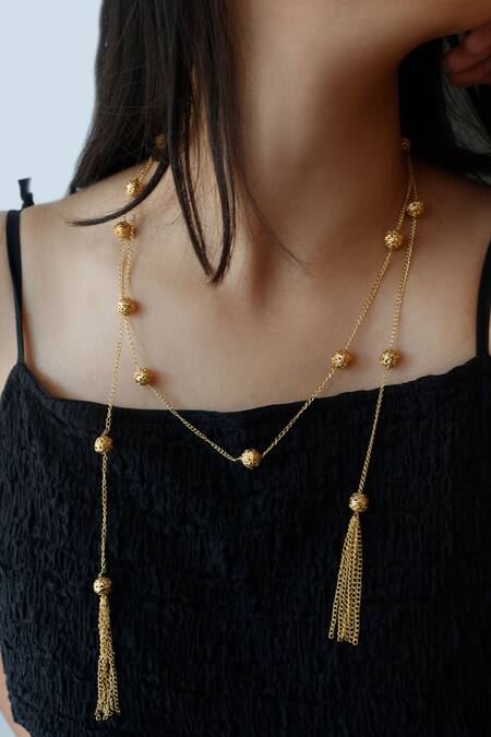 Do Taara Gold Plated Engraved Ball Tasseled Necklace Online at Aza Fashions Do Taara_Gold Plated Engraved Ball Tasseled Necklace _Online_at_Aza_Fashions