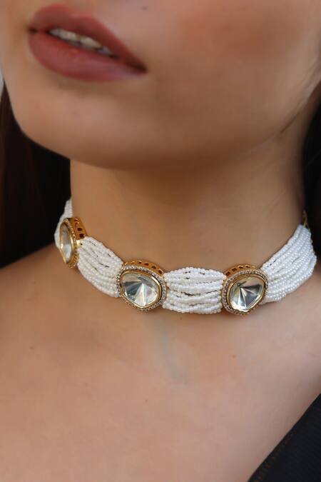 Do Taara_White Polki Embellished Choker _Online_at_Aza_Fashions
