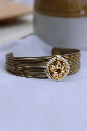 Shop Do Taara Gold Plated Pearls Kundan Embellished Bracelet at Aza Fashions Shop_Do Taara_Gold Plated Pearls Kundan Embellished Bracelet _at_Aza_Fashions