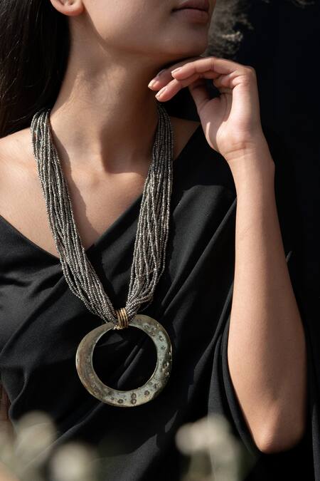 Buy_Do Taara_Silver Plated Arc Pendant Beaded Boho Necklace _Online_at_Aza_Fashions