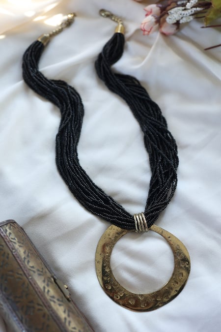 Shop Do Taara Black Ring Arc Pendant Beaded Boho Necklace at Aza Fashions Shop_Do Taara_Black Ring Arc Pendant Beaded Boho Necklace _at_Aza_Fashions