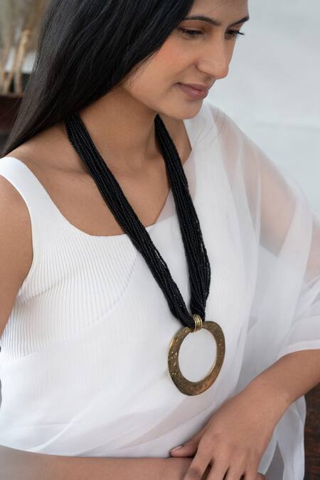 Do Taara Black Ring Arc Pendant Beaded Boho Necklace Online at Aza Fashions Do Taara_Black Ring Arc Pendant Beaded Boho Necklace _Online_at_Aza_Fashions