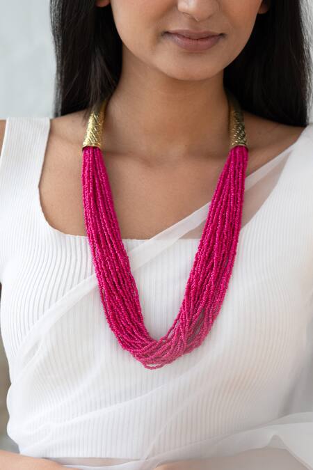 Do Taara Pink Multi Layered Bead Embellished Necklace Online at Aza Fashions Do Taara_Pink Multi Layered Bead Embellished Necklace _Online_at_Aza_Fashions