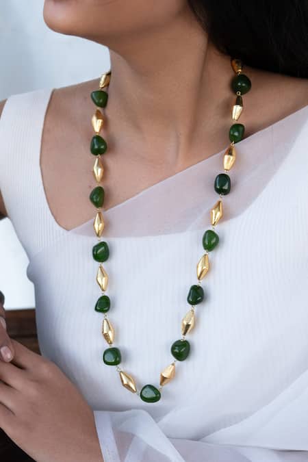Do Taara_Green Stone Embellished Long Boho Necklace _Online_at_Aza_Fashions
