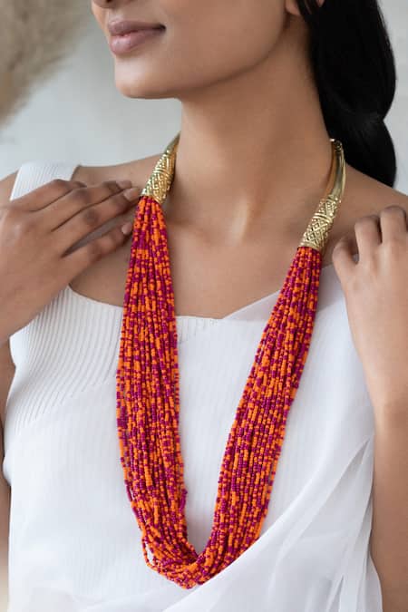 Do Taara Orange Multi Layered Long Beaded Necklace Online at Aza Fashions Do Taara_Orange Multi Layered Long Beaded Necklace _Online_at_Aza_Fashions