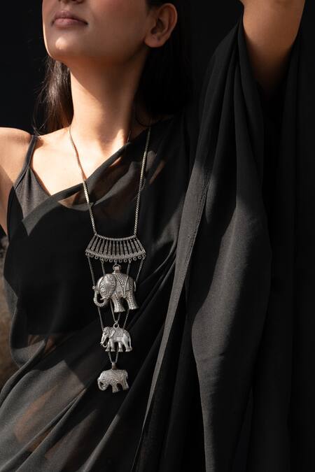 Do Taara_Silver Plated Carved Oxidized Necklace _Online_at_Aza_Fashions