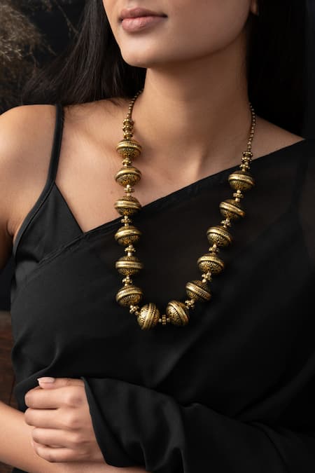 Do Taara_Gold Plated Carved Bead Oxidized Necklace _Online_at_Aza_Fashions