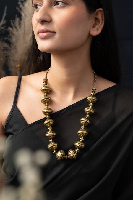 Buy_Do Taara_Gold Plated Carved Bead Oxidized Necklace _Online_at_Aza_Fashions