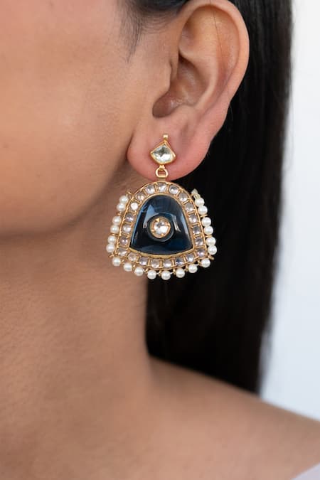 Do Taara_Black Stones, Pearls Kundan Embellished Earrings _Online_at_Aza_Fashions