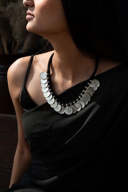 Do Taara Silver Plated Patina Coin Embellished Choker Online at Aza Fashions Do Taara_Silver Plated Patina Coin Embellished Choker _Online_at_Aza_Fashions