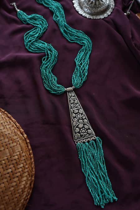 Shop Do Taara Blue Turquoise Stone Embellished Long Necklace at Aza Fashions Shop_Do Taara_Blue Turquoise Stone Embellished Long Necklace _at_Aza_Fashions