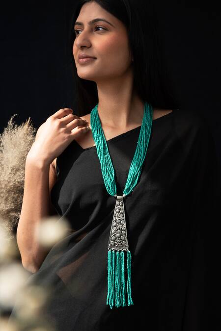Do Taara Blue Turquoise Stone Embellished Long Necklace Online at Aza Fashions Do Taara_Blue Turquoise Stone Embellished Long Necklace _Online_at_Aza_Fashions