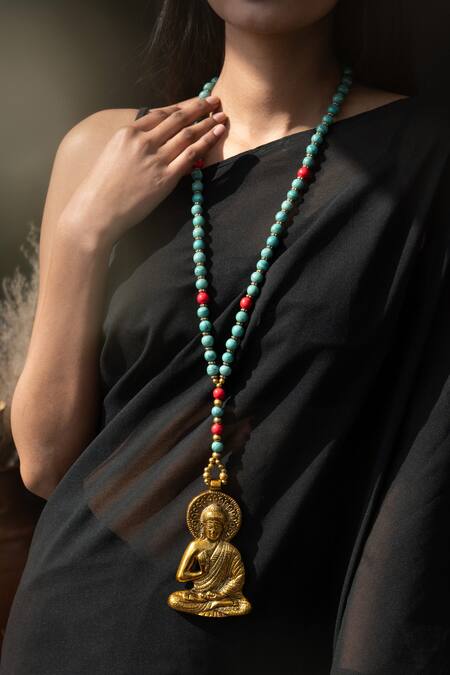 Do Taara_Blue Buddha Carved Pendant Long Necklace _Online_at_Aza_Fashions