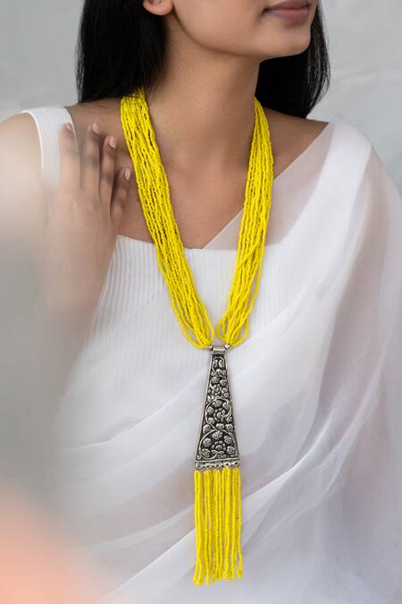 Do Taara_Yellow Layered Beads Embellished Long Necklace _Online_at_Aza_Fashions
