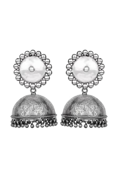 Shop Sangeeta Boochra Silver Plated Gota Patti Geometric Carved Jhumkas at Aza Fashions Shop_Sangeeta Boochra_Silver Plated Gota Patti Geometric Carved Jhumkas _at_Aza_Fashions