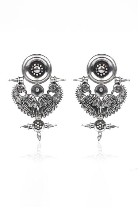 Buy_Sangeeta Boochra_Silver Plated Peacock Carved Earrings _Online_at_Aza_Fashions