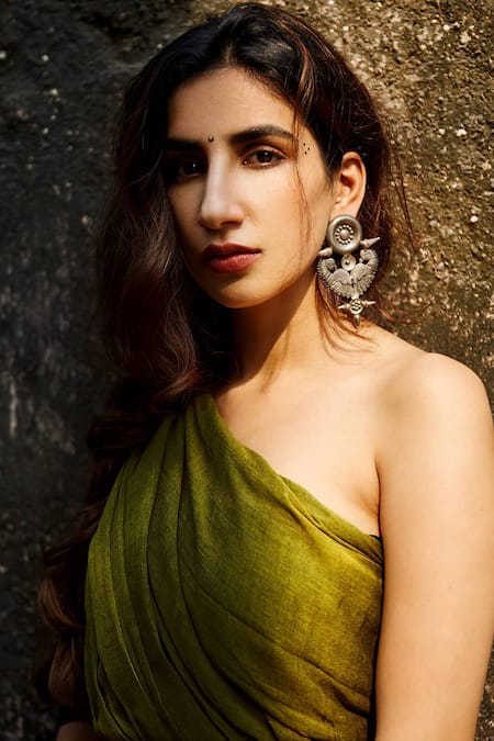 Shop_Sangeeta Boochra_Silver Plated Peacock Carved Earrings _Online_at_Aza_Fashions