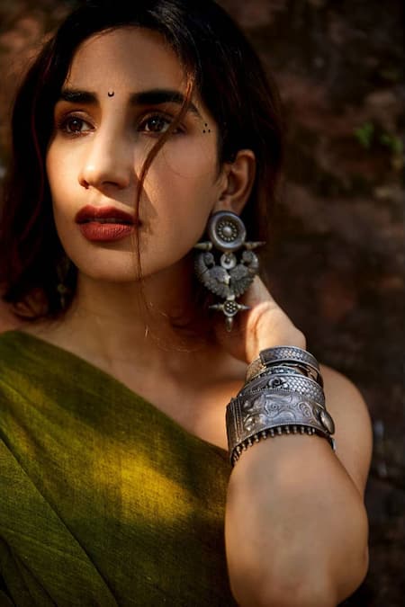 Sangeeta Boochra_Silver Plated Peacock Carved Earrings _at_Aza_Fashions