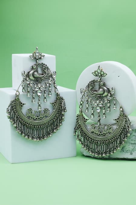 Shop Sangeeta Boochra Silver Plated Stones, Beads Peacock Carved Cutwork Earrings at Aza Fashions Shop_Sangeeta Boochra_Silver Plated Stones, Beads Peacock Carved Cutwork Earrings _at_Aza_Fashions