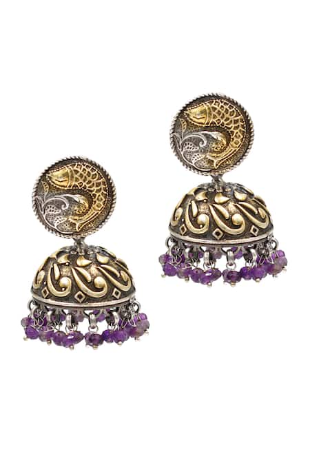 Shop_Sangeeta Boochra_Gold Plated Bead Fish Carved Jhumkas _at_Aza_Fashions