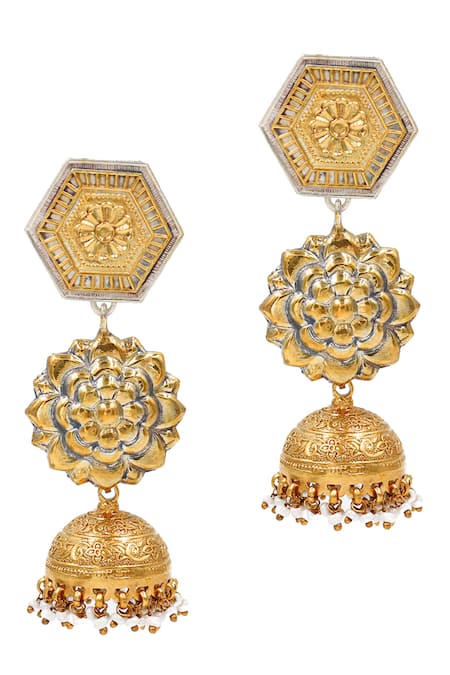 Shop_Sangeeta Boochra_Gold Plated Hexagon Shaped Jhumkas _at_Aza_Fashions
