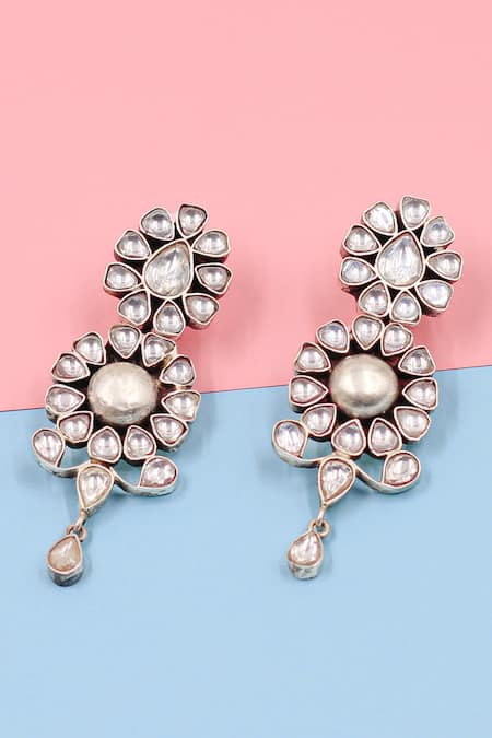 Shop Sangeeta Boochra Silver Plated Stones Studded Earrings at Aza Fashions Shop_Sangeeta Boochra_Silver Plated Stones Studded Earrings _at_Aza_Fashions