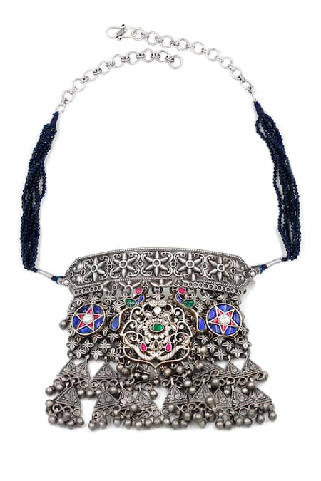 Shop Sangeeta Boochra Silver Plated Peacock Carved Choker at Aza Fashions Shop_Sangeeta Boochra_Silver Plated Peacock Carved Choker _at_Aza_Fashions