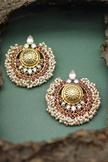 Shop_Sangeeta Boochra_Gold Plated Pearls, Stones Embellished Chandbalis _at_Aza_Fashions