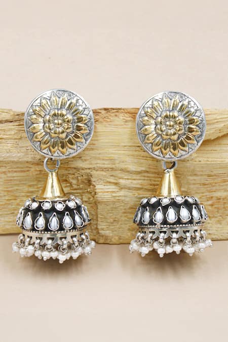 Shop_Sangeeta Boochra_Gold Plated Stones, Cut Work Two Toned Jhumkas _at_Aza_Fashions