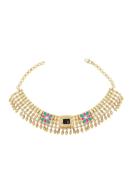 Shop Sangeeta Boochra Gold Plated Carved And Geometric Embellished Choker at Aza Fashions Shop_Sangeeta Boochra_Gold Plated Carved And Geometric Embellished Choker _at_Aza_Fashions