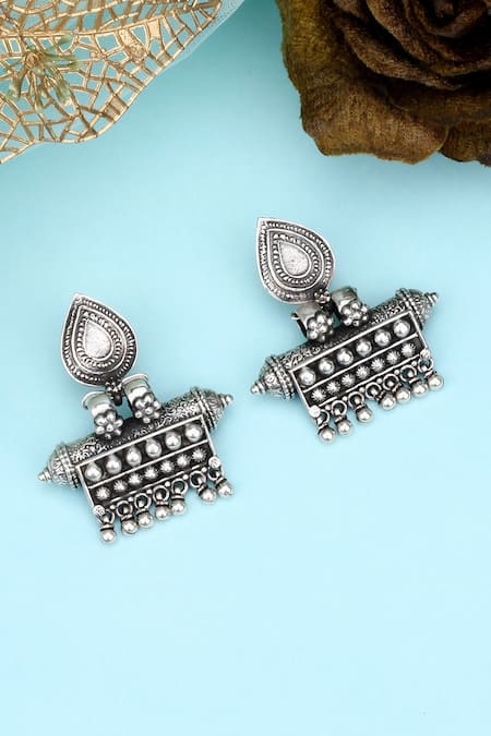 Shop_Sangeeta Boochra_Silver Plated Ghunghroo Oxidized Carved Earrings _at_Aza_Fashions
