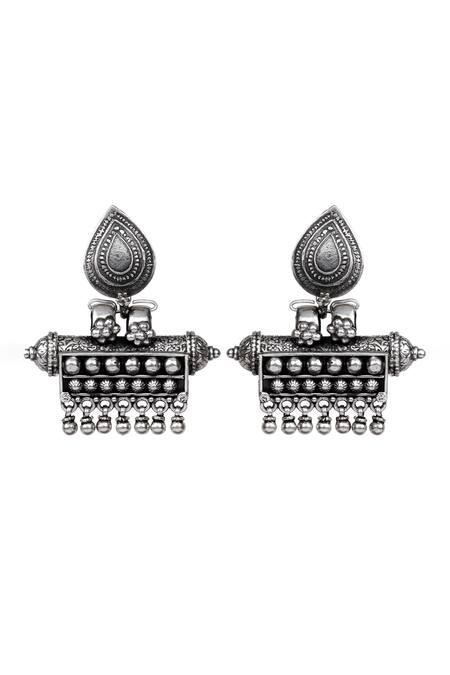 Shop_Sangeeta Boochra_Silver Plated Ghunghroo Oxidized Carved Earrings _Online_at_Aza_Fashions