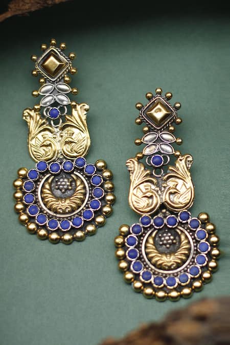 Sangeeta Boochra Two Toned Peacock Carved Earrings 