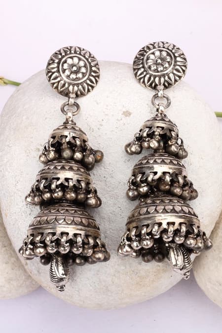 Shop Sangeeta Boochra Silver Plated Gota Patti Carved Three Layered Jhumkas at Aza Fashions Shop_Sangeeta Boochra_Silver Plated Gota Patti Carved Three Layered Jhumkas _at_Aza_Fashions
